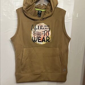 Tan Sleeveless Hoodie with Graphic Print. This is a size large. Hoodie sweats